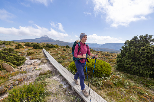 Embark on a visual journey as a young woman explores the breathtaking landscapes of Tasmania. With each step, she immerses herself in the natural beauty, creating a captivating scene of adventure and discovery.
