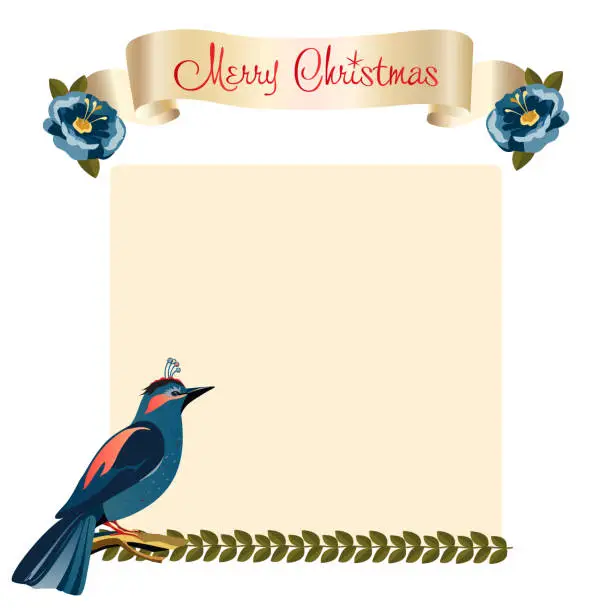 Vector illustration of Merry Christmas and Happy New Year Party Invitation Blank page Decoration for gifts card gold and blue ribbons banner floral borders banner