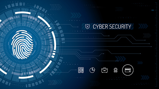 Cyber security theme dark blue background vector illustration with fingerprint icon. All elements are on separate layers.