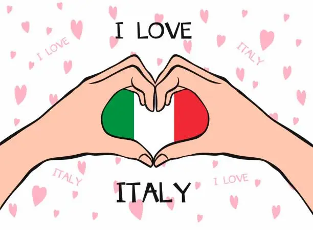 Vector illustration of I love Italy. Heart hand gesture with Italy flag. Modern design with text I love Italy in flat style. Beautiful background design with hearts. Vector illustration