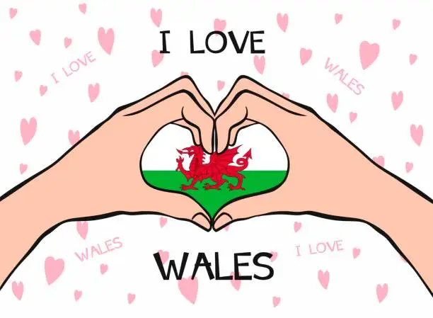 Vector illustration of I love Wales. Heart hand gesture with Wales flag. Modern design with text I love Wales in flat style. Beautiful background design with hearts. Vector illustration