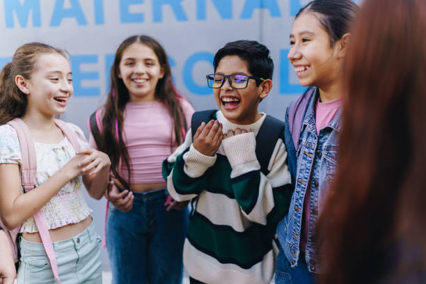 Child students friends talking oudoors