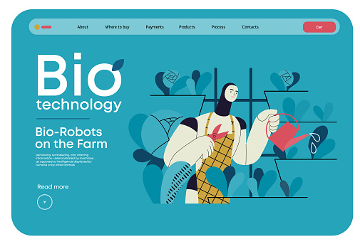 Bio Technology, Robot on farm -modern flat vector concept illustration of bio-robot engaged in agricultural activities. Metaphor of robotics and biotechnology integration, efficiency, sustainability