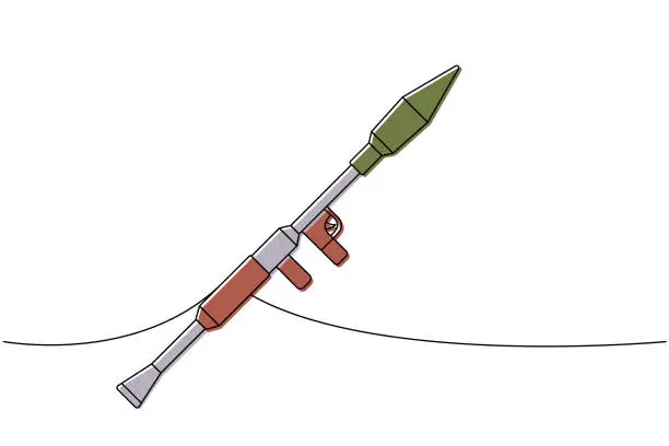 Vector illustration of Soviet anti-tank grenade launcher one line colored continuous drawing. Various modern weapons continuous one line illustration. Vector illustration.
