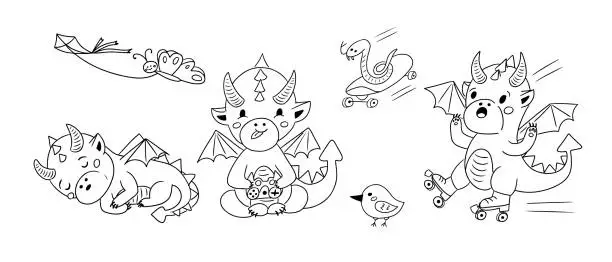 Vector illustration of Hand drawn sketch outline set with kawaii dragon