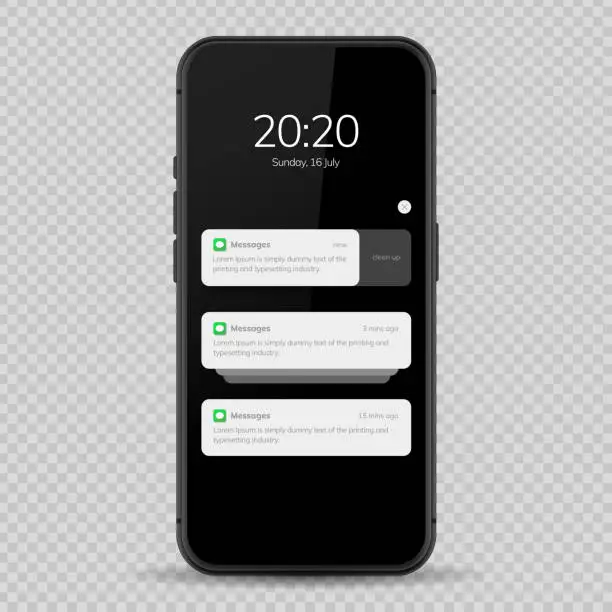 Vector illustration of Notification screen UI design. Phone notification windows template on a dark background. Smartphone messaging interface. Vector illustration. Smartphone. Vector illustration.