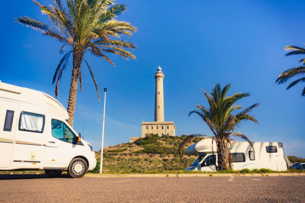 Rv caravan at Cape Palos lighthouse, Cartagena, Murcia region, Spain. Tourist atraction, place to visit.
