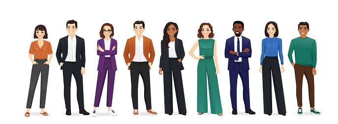 Group of happy diverse multiethnic young business people standing together. Isolated vector illustration. Vector illustration