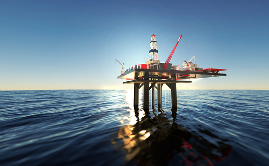 Offshore oil rig, drilling rig, oil platform at the sea during sunset. 3D rendering illustration