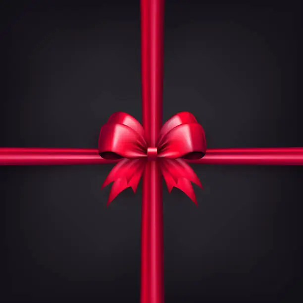 Vector illustration of Black gift box with realistic red bow knot with crossed ribbons