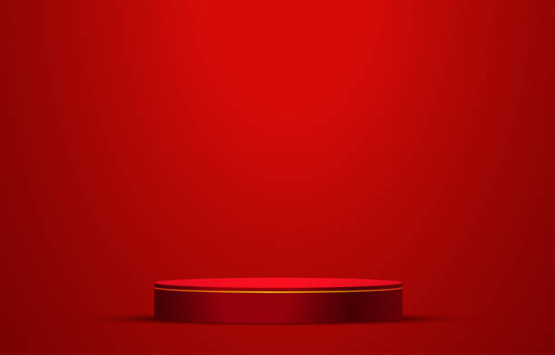 istock Red realistic 3D cylinder pedestal podium with glowing light semi circle backdrop. Red minimal wall scene for products showcase, Promotion display. Vector abstract studio room with geometric platform. 1960787780