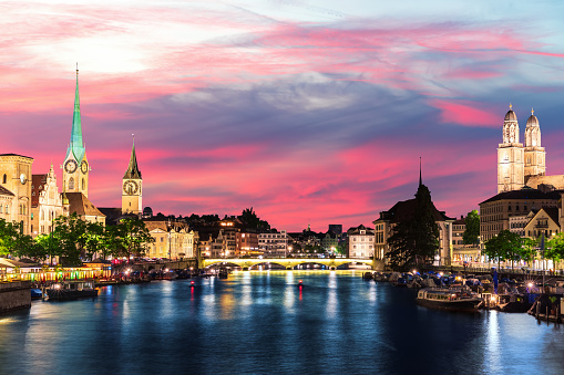 Skyline night panorama on the downtown of Zurich, Switzerland.