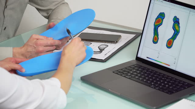 Doctor consulting male patient on custom orthotic insoles in a clinic for a personalized custom fit using test picture on a laptop. Feet recreation medicine concept