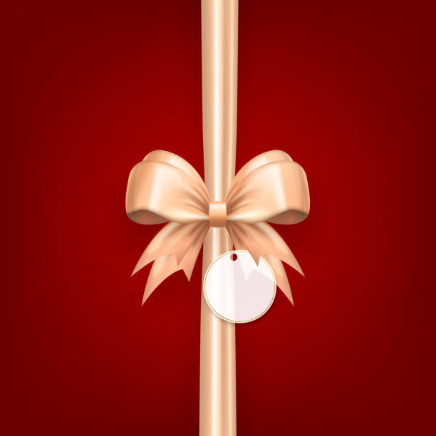 ベージュのサテンの弓のリボン、ギフトボックス、プレゼントラッピング、または赤いグリーティングカードとしてのラベルタグ付き - bow ribbon gift tag gift card点のイラスト素材／クリップアート素材／マンガ素材／アイコン素材