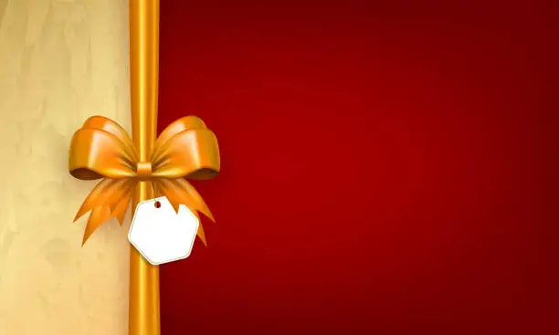 Vector illustration of Red banner with golden tied bow with label tag and empty space as gift box wrapping element or present decor for holidays