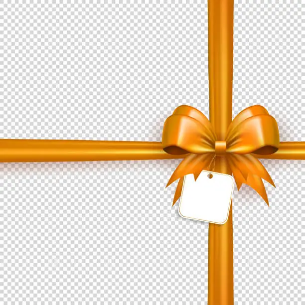 Vector illustration of Golden bow with silk ribbon and label tag isolated on transparent background