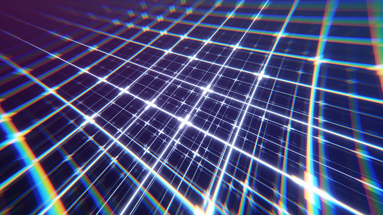 Hologram Data flow grid. Digital background with lens distortion effect