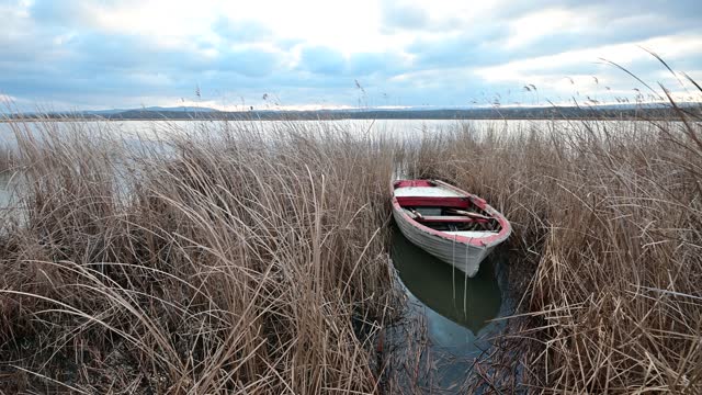 Boat on the lake in winter.