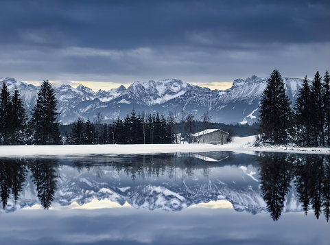 Winter landscape with a single wooden hut and the German Alps in the background reflecting in a small lake, monochrome pastel blue, copy space