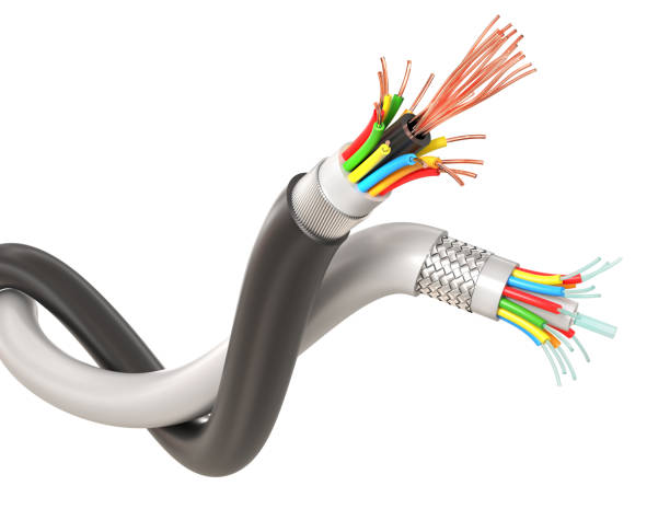 Electrical and fiber optic cable on white isolated background