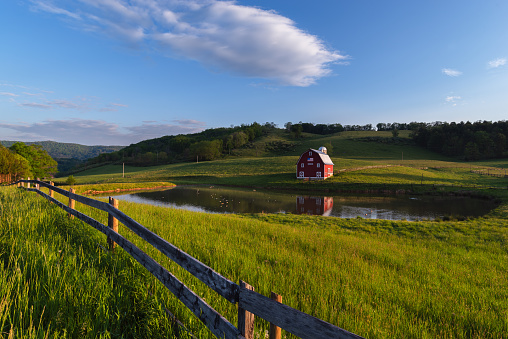 A red barn reflected in a pond on a farm along a country landscape with a fence winding through the field below within the mountains on a sunny day in Greenbrier County, West Virginia.