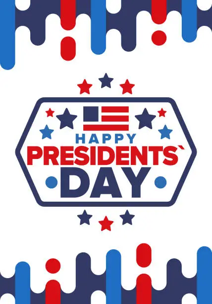 Vector illustration of Happy Presidents day in United States. Washington's Birthday. Federal holiday in America. Celebrated in February. Patriotic american elements. Poster, banner and background. Vector illustration