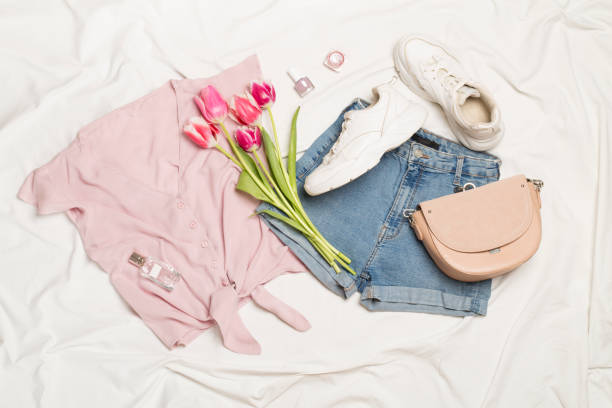 istock Stylish summer outfit on white sheet background, top view 1960858794