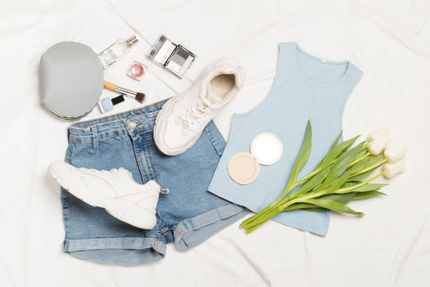 istock Stylish summer outfit on white sheet background, top view 1960858798