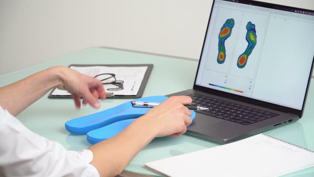 Female doctor orthopedist  holding custom made insoles in a clinic in front of the laptop with a test feet picture.  Feet recreation and orthotic medicine concept