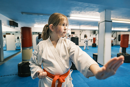 Young Karate fighters, school age children practising karate. They are all dressed in karategi-karate uniform. Interior of karate school in Mississauga, Ontario in Canada.