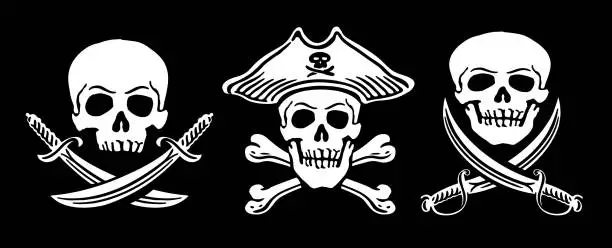 Vector illustration of Jolly Roger emblem or sign. Pirate flag with skull. Vector illustration