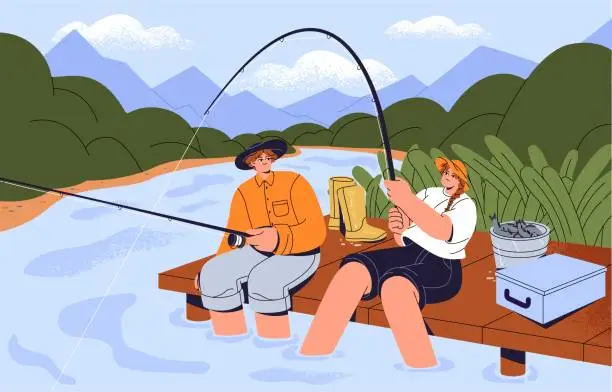 Vector illustration of People in hat sitting on pier, fishing. Couple fun, angling on river bank. Friends with rods catch fish, spinning together. Fisherman rest on vacation. Summer landscape. Flat vector illustration