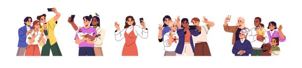 sada fotografií šťastných lidí. rodinné úsměvy, společné focení, společné selfie. skupina přátel fotí s domácími mazlíčky, pózuje, gestikuluje. plochá izolovaná vektorová ilustrace na bílém pozadí - selfie stock ilustrace