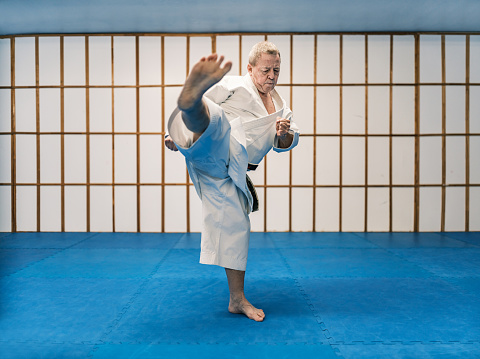 Sensei (karate master) practising in karate school. He is dressed in karategi-karate uniform. Interior of karate school in Mississauga, Ontario in Canada.