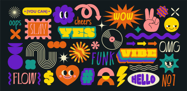 illustrations, cliparts, dessins animés et icônes de ensemble vectoriel d’autocollants abstraits groovy dans le style brutalisme - très tendance