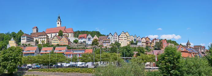 Horb am Neckar, Germany - wide panorama with view at collegiate church (Stiftskirche) and old town