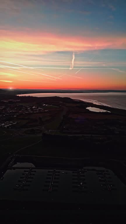 Sunrise Drone Video Flying Over Mariner Harbour Pier in Burry Port, Wales