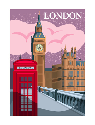 Travel Destination Vector Poster. London Urban Architecture with Big Ben and Westminster Abbey. Cityscape with England landmarks. Cartoon flat vector illustration isolated on white background