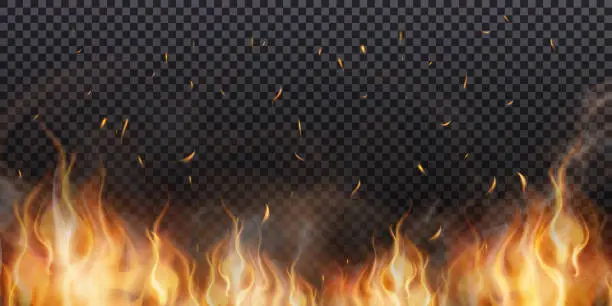 Vector illustration of Burning flames with flying sparks and smoke texture isolated on a transparent background.