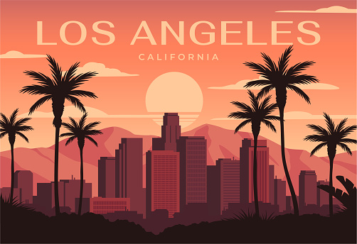 Travel destination poster. Postcard with landscape of American city of Los Angeles in California. Cityscape with skyscrapers, palm trees and sun. Tourism and vacation. Cartoon flat vector illustration