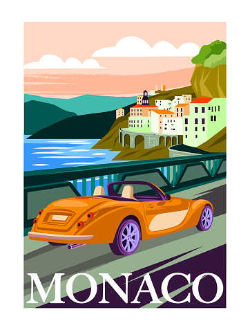Travel Destination Poster. Cityscape of European city of Monaco and vintage car on seashore. Mediterranean vacation. Tourism and journey. Cartoon flat vector illustration isolated on white background