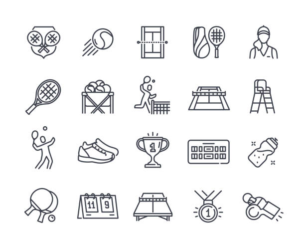 Vector Set of line tennis related icons Set of line tennis related icons. Tennis player, racket, court, tennis ball and trophy. Professional sports. Design element for app or logo. Outline flat vector collection isolated on white background tennis ball container stock illustrations