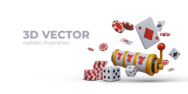 istock Realistic colored slot machine, stacks of poker chips, playing dice, cards 1960951183
