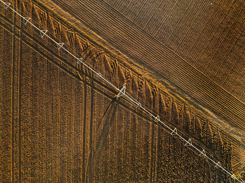 Aerial view of a center-pivot irrigation system on a field in the outskirts of  the Spanish town of Rueda in Valladolid, famous for its vineyards and wines.