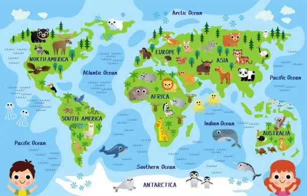 Vector illustration of Childrens world map with animals