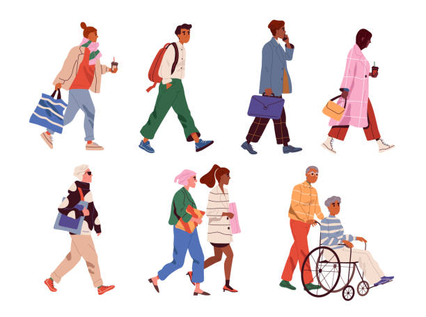 illustrazioni stock, clip art, cartoni animati e icone di tendenza di vista laterale di diverse persone che camminano - camminare