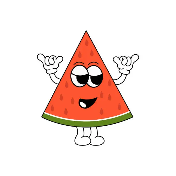 Vector illustration of Funny character, in the form of a slice of watermelon, with a cartoon smiling face in groove style.