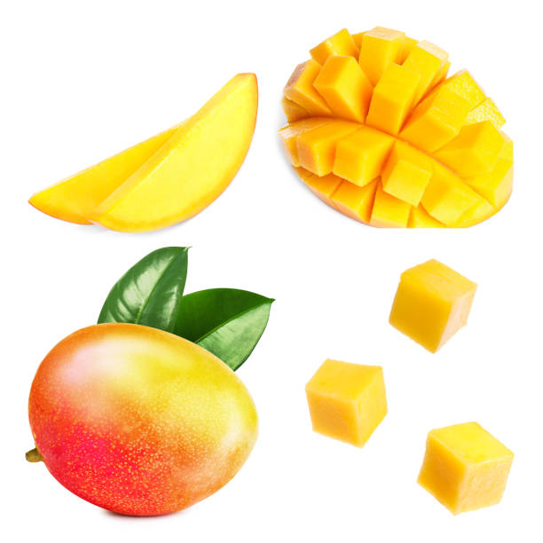 istock Whole and cut mango fruits isolated on white 1960975625