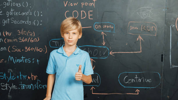 istock Smart caucasian boy standing at blackboard and showing a thumb. Erudition. 1960976422
