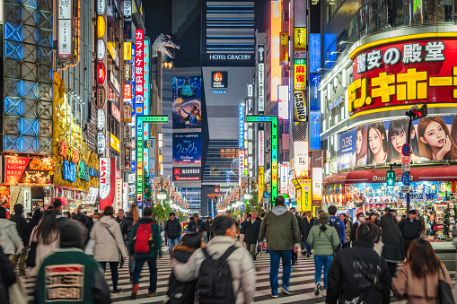 Tokyo, Japan - December 19, 2023: Famous Godzilla Road at night in Kabukicho, the nightlife and entertainment district of Shinjuku in Tokyo, Japan.